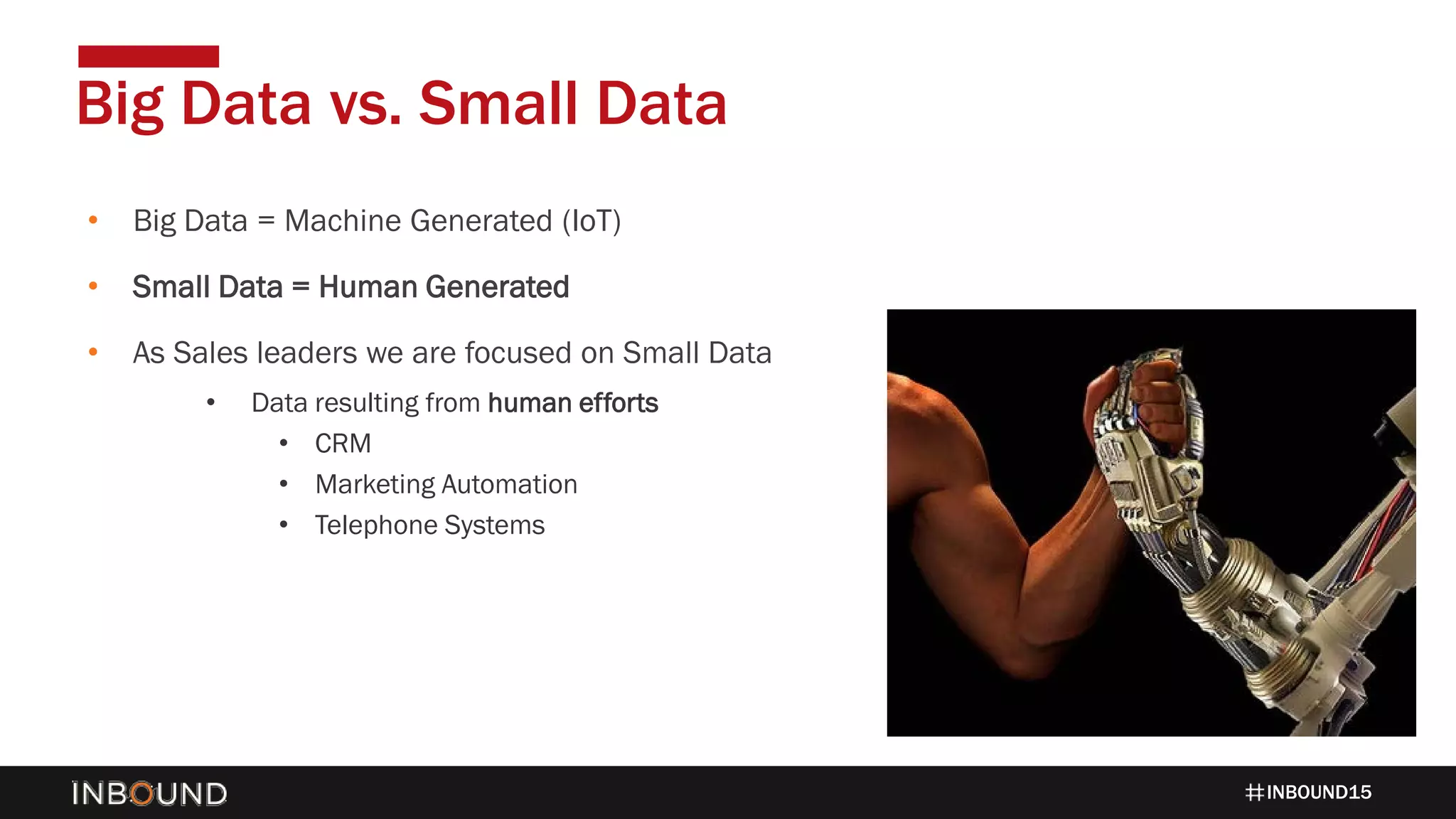 INBOUND15
Big Data vs. Small Data
• Big Data = Machine Generated (IoT)
• Small Data = Human Generated
• As Sales leaders we are focused on Small Data
• Data resulting from human efforts
• CRM
• Marketing Automation
• Telephone Systems
 