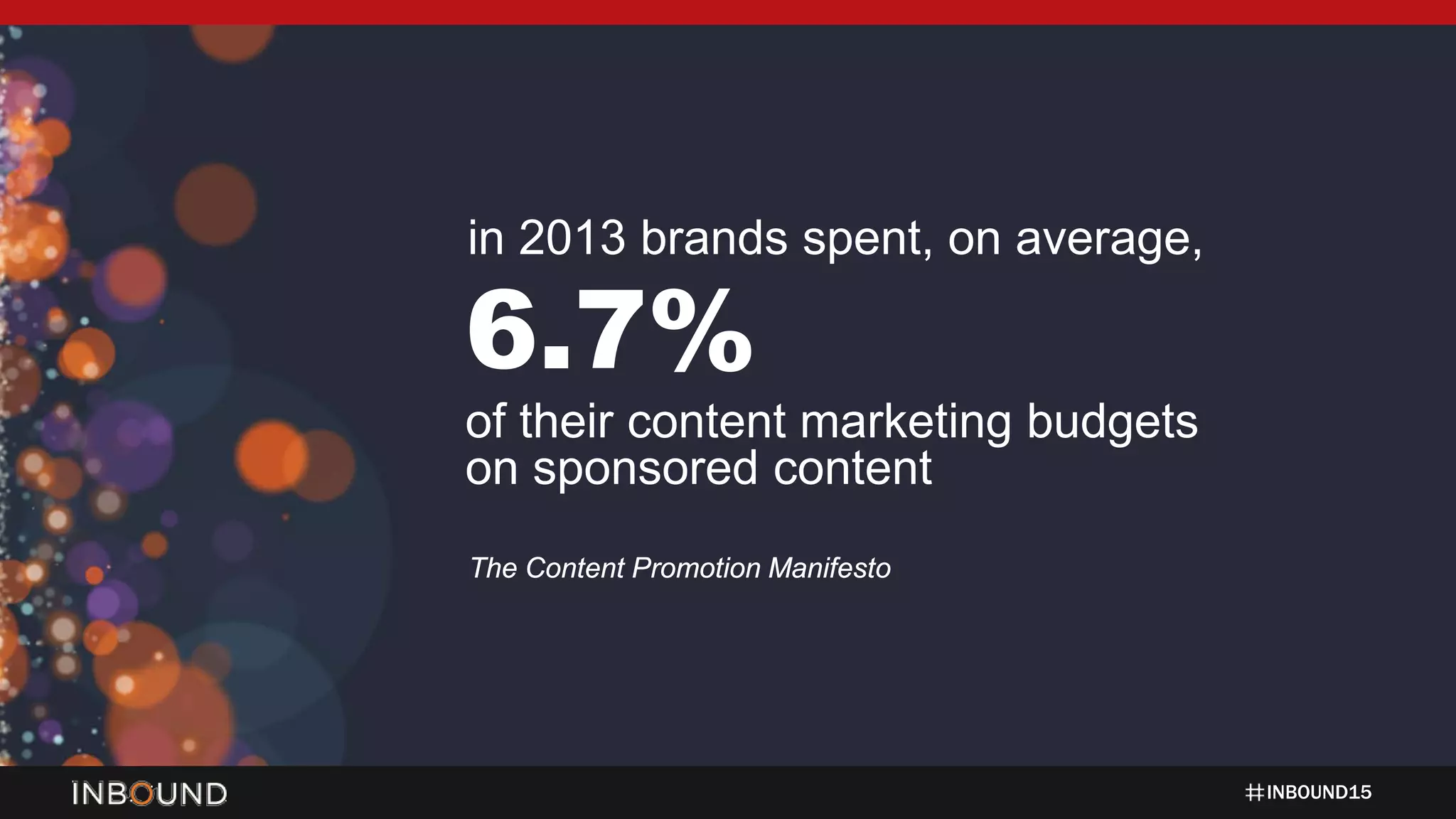 INBOUND15
6.7%
of their content marketing budgets
on sponsored content
The Content Promotion Manifesto
in 2013 brands spent, on average,
 