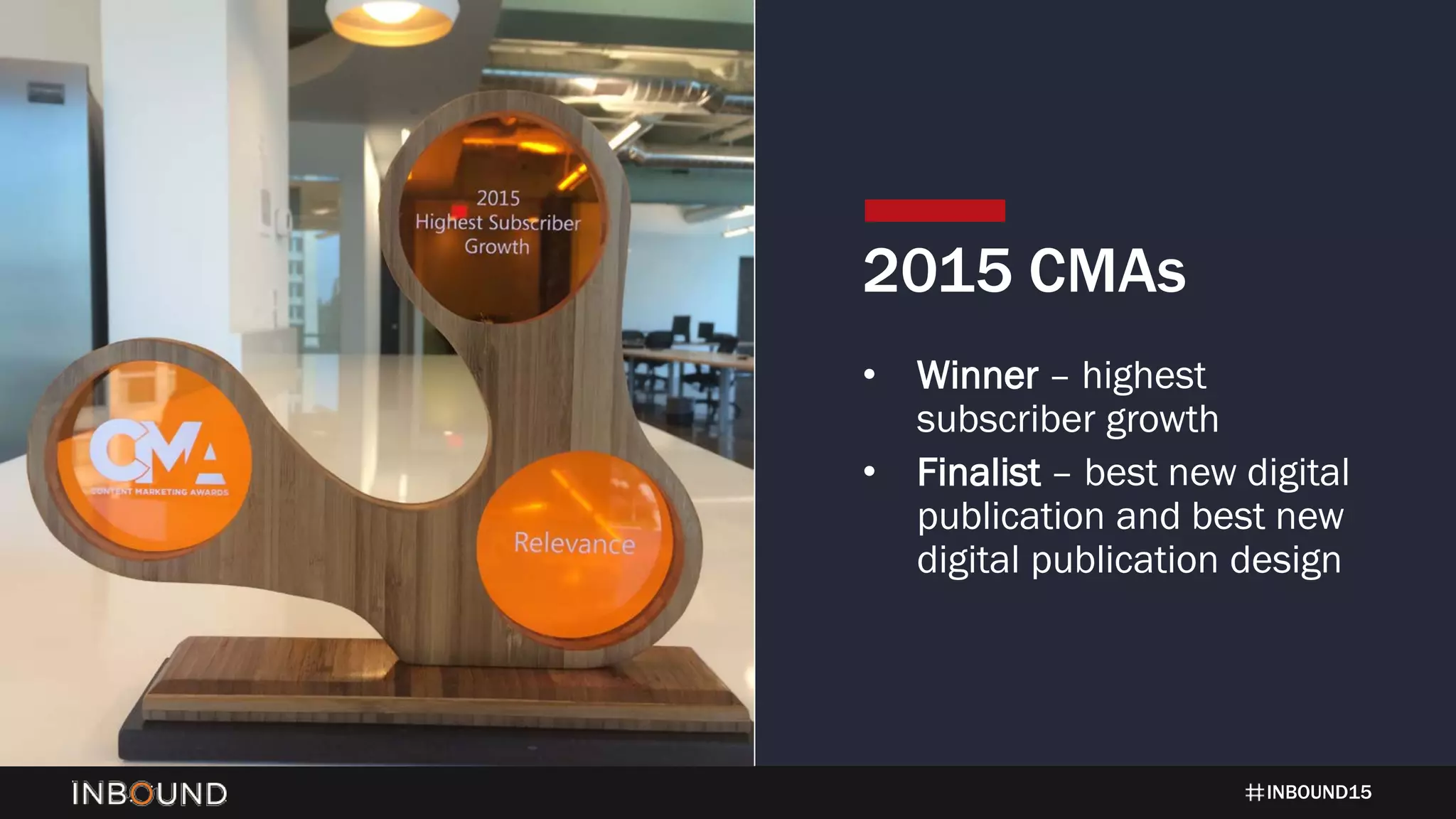 INBOUND15
2015 CMAs
• Winner – highest
subscriber growth
• Finalist – best new digital
publication and best new
digital publication design
 
