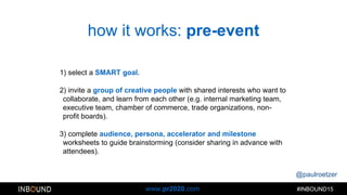 @paulroetzer
#INBOUND15www.pr2020.com
how it works: pre-event
1) select a SMART goal.
2) invite a group of creative people with shared interests who want to
collaborate, and learn from each other (e.g. internal marketing team,
executive team, chamber of commerce, trade organizations, non-
profit boards).
3) complete audience, persona, accelerator and milestone
worksheets to guide brainstorming (consider sharing in advance with
attendees).
 