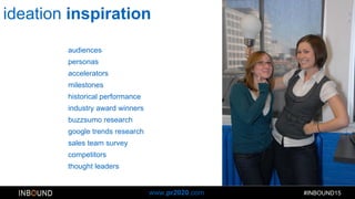 @paulroetzer
#INBOUND15www.pr2020.com
ideation inspiration
audiences
personas
accelerators
milestones
historical performance
industry award winners
buzzsumo research
google trends research
sales team survey
competitors
thought leaders
 