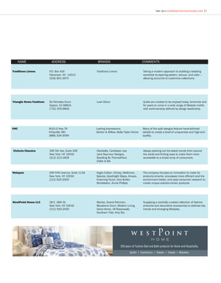 31MAY 2015 HOMEANDTEXTILESTODAY.COM
NAME ADDRESS BRANDS COMMENTS
Traditions Linens P.O. Box 416
Claverack, NY 12513
(518) 851-3975
Traditions Linens Taking a modern approach to building a bedding
wardrobe by layering pattern, texture, and color –
allowing accounts to customize collections.
Victoria Classics 295 5th Ave, Suite 206
New York, NY 10016
(212) 213-1828
Clairbella, Caribbean Joe,
Jane Seymour Designs,
Seedling By ThomasPaul,
Dollie & Me
Always seeking out the latest trends from around
the world and finding ways to make them more
accessible to a broad array of consumers.
Triangle Home Fashions 9a Nicholas Court
Dayton, NJ 08810.
(732) 355-9800
Lush Décor Quilts are created to be enjoyed today, tomorrow and
for years to come in a wide range of lifestyle motifs
with workmanship defined by design leadership.
VHC 6010 E Hwy 76
Kirbyville, MO
(888) 334-3099
Lasting Impressions,
Ashton & Willow, Bella Taylor Home
Many of the quilt designs feature hand-stitched
details to create a level of uniqueness and high-end
quality.
Welspun 295 Fifth Avenue, Suite 1118
New York, NY 10016
(212) 620-2000
Hygro Cotton, Christy, Welhome,
Spaces, Goodnight Sleep, Amaze,
Crowning Touch, Amy Butler,
Wimbledon, Annie Phillips
The company focuses on innovation to make its
products smarter, processes more efficient and the
environment better, and uses consumer research to
create unique solution-driven products.
WestPoint Home LLC 28 E. 28th St.
New York, NY 10016
(212) 930-2000
Martex, Grand Patrician,
Bluestone Court, Modern Living,
Dena Home, Jill Rosenwald,
Southern Tide, Amy Sia
Supplying a carefully curated collection of fashion
products and decorative accessories to address key
trends and emerging lifestyles.
 