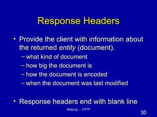 Response Headers Provide the client with information about the returned  entity  (document). what kind of document how big the document is how the document is encoded when the document was last modified Response headers end with blank line 