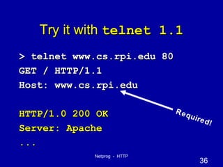 Try it with  telnet 1.1 > telnet www.cs.rpi.edu 80 GET / HTTP/1.1 Host: www.cs.rpi.edu HTTP/1.0 200 OK Server: Apache ... Required! 