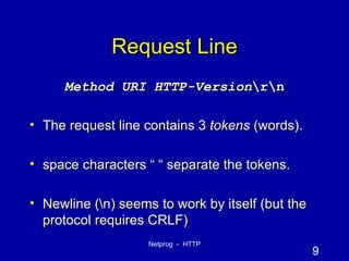 Request Line Method   URI   HTTP-Version \r\n The request line contains 3  tokens  (words). space characters “ “ separate the tokens. Newline (\n) seems to work by itself (but the protocol requires CRLF) 