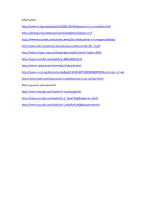 Información

http://www.taringa.net/posts/info/905359/Adolescencia-y-sus-cambios.html

http://adolescenciacambiosyresponsabilidades.blogspot.mx/

http://www.hoypadres.com/adolescentes/los-adolescentes-y-la-responsabilidad/

http://www.uclm.es/ab/educacion/ensayos/pdf/revista11/11_9.pdf

http://www.infogen.org.mx/Infogen1/servlet/CtrlVerArt?clvart=9973

http://www.youtube.com/watch?v=MUuMzDUq12o

http://www.si-educa.net/intermedio/ficha356.html

http://www.scielo.org.bo/scielo.php?pid=S1024-06752005000200001&script=sci_arttext

http://www.eliceo.com/educacion/la-adolescencia-y-sus-cambios.html

Video ¿qué me está pasando?

http://www.youtube.com/watch?v=knAyhwQtDWs

http://www.youtube.com/watch?v=d_Tqlw7GdgI&feature=relmfu

http://www.youtube.com/watch?v=UbrfURUF1HQ&feature=relmfu
 
