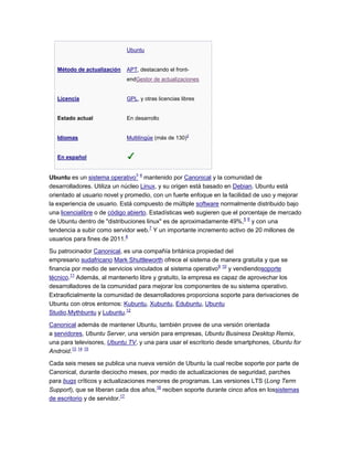 Ubuntu


   Método de actualización   APT, destacando el front-
                             endGestor de actualizaciones


   Licencia                  GPL, y otras licencias libres


   Estado actual             En desarrollo


   Idiomas                   Multilingüe (más de 130)2


   En español


Ubuntu es un sistema operativo3 4 mantenido por Canonical y la comunidad de
desarrolladores. Utiliza un núcleo Linux, y su origen está basado en Debian. Ubuntu está
orientado al usuario novel y promedio, con un fuerte enfoque en la facilidad de uso y mejorar
la experiencia de usuario. Está compuesto de múltiple software normalmente distribuido bajo
una licencialibre o de código abierto. Estadísticas web sugieren que el porcentaje de mercado
de Ubuntu dentro de "distribuciones linux" es de aproximadamente 49%,5 6 y con una
tendencia a subir como servidor web.7 Y un importante incremento activo de 20 millones de
usuarios para fines de 2011.8

Su patrocinador Canonical, es una compañía británica propiedad del
empresario sudafricano Mark Shuttleworth ofrece el sistema de manera gratuita y que se
financia por medio de servicios vinculados al sistema operativo9 10 y vendiendosoporte
técnico.11 Además, al mantenerlo libre y gratuito, la empresa es capaz de aprovechar los
desarrolladores de la comunidad para mejorar los componentes de su sistema operativo.
Extraoficialmente la comunidad de desarrolladores proporciona soporte para derivaciones de
Ubuntu con otros entornos: Kubuntu, Xubuntu, Edubuntu, Ubuntu
Studio,Mythbuntu y Lubuntu.12

Canonical además de mantener Ubuntu, también provee de una versión orientada
a servidores, Ubuntu Server, una versión para empresas, Ubuntu Business Desktop Remix,
una para televisores, Ubuntu TV, y una para usar el escritorio desde smartphones, Ubuntu for
Android.13 14 15

Cada seis meses se publica una nueva versión de Ubuntu la cual recibe soporte por parte de
Canonical, durante dieciocho meses, por medio de actualizaciones de seguridad, parches
para bugs críticos y actualizaciones menores de programas. Las versiones LTS (Long Term
Support), que se liberan cada dos años,16 reciben soporte durante cinco años en lossistemas
de escritorio y de servidor.17
 