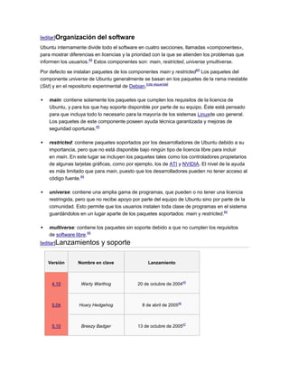 [editar]Organización      del software
Ubuntu internamente divide todo el software en cuatro secciones, llamadas «componentes»,
para mostrar diferencias en licencias y la prioridad con la que se atienden los problemas que
informen los usuarios.44 Estos componentes son: main, restricted, universe ymultiverse.

Por defecto se instalan paquetes de los componentes main y restricted44 Los paquetes del
componente universe de Ubuntu generalmente se basan en los paquetes de la rama inestable
(Sid) y en el repositorio experimental de Debian.[cita requerida]

   main: contiene solamente los paquetes que cumplen los requisitos de la licencia de
    Ubuntu, y para los que hay soporte disponible por parte de su equipo. Éste está pensado
    para que incluya todo lo necesario para la mayoría de los sistemas Linuxde uso general.
    Los paquetes de este componente poseen ayuda técnica garantizada y mejoras de
    seguridad oportunas.44

   restricted: contiene paquetes soportados por los desarrolladores de Ubuntu debido a su
    importancia, pero que no está disponible bajo ningún tipo de licencia libre para incluir
    en main. En este lugar se incluyen los paquetes tales como los controladores propietarios
    de algunas tarjetas gráficas, como por ejemplo, los de ATI y NVIDIA. El nivel de la ayuda
    es más limitado que para main, puesto que los desarrolladores pueden no tener acceso al
    código fuente.44

   universe: contiene una amplia gama de programas, que pueden o no tener una licencia
    restringida, pero que no recibe apoyo por parte del equipo de Ubuntu sino por parte de la
    comunidad. Esto permite que los usuarios instalen toda clase de programas en el sistema
    guardándolos en un lugar aparte de los paquetes soportados: main y restricted.44

   multiverse: contiene los paquetes sin soporte debido a que no cumplen los requisitos
    de software libre.44
[editar]Lanzamientos       y soporte

    Versión      Nombre en clave                 Lanzamiento



     4.10         Warty Warthog             20 de octubre de 200445



     5.04        Hoary Hedgehog               8 de abril de 200546



     5.10         Breezy Badger             13 de octubre de 200547
 