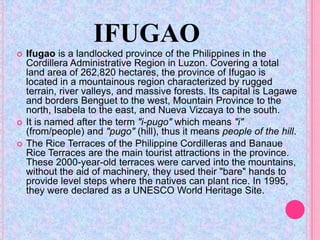 IFUGAO
   Ifugao is a landlocked province of the Philippines in the
    Cordillera Administrative Region in Luzon. Covering a total
    land area of 262,820 hectares, the province of Ifugao is
    located in a mountainous region characterized by rugged
    terrain, river valleys, and massive forests. Its capital is Lagawe
    and borders Benguet to the west, Mountain Province to the
    north, Isabela to the east, and Nueva Vizcaya to the south.
   It is named after the term "i-pugo" which means "i"
    (from/people) and "pugo" (hill), thus it means people of the hill.
   The Rice Terraces of the Philippine Cordilleras and Banaue
    Rice Terraces are the main tourist attractions in the province.
    These 2000-year-old terraces were carved into the mountains,
    without the aid of machinery, they used their "bare" hands to
    provide level steps where the natives can plant rice. In 1995,
    they were declared as a UNESCO World Heritage Site.
 