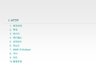 Ⅰ. HTTP
1. 등장배경
2. 특징
3. 메시지
4. 헤더필드
5. 상태코드

6. 메소드
7. MIME 과 Multipart
8. 캐시
9. 보안

10. 활용방법
3

 