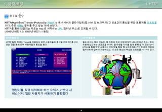 1. 등장배경

I. HTTP

HTTP란?
HTTP(HyperText Transfer Protocol)는 WWW 상에서 서버와 클라이언트(웹 서버 및 브라우저) 간 상호간의 통신을 위한 응용계층 프로토콜
이다. 주로 HTML 문서를 주고 받는 데에 쓰인다.
HTTP를 통해 전달되는 자료는 http:로 시작하는 URL(인터넷 주소)로 조회할 수 있다.
(1996년 버전 1.0, 1999년 버전 1.1 등장)
HTTP 등장 전

HTTP 등장 후

HTTP 등장 전에는 Telnet을 이용하여 외부 사용자들과 통신을 위해 PC 통신이
라는 것을 통해 외부 사용자들과 통신을 했다.

월드 와이드 웹의 기능인, 웹 자원의 위치 지정 방법인 URL(인터넷 주소), 웹의
자원에 접근하는 프로토콜 HTTP, 웹 자원들 사이를 쉽게 항해 할 수 있는 언어
HTML을 통해 많은 사용자는 인터넷을 통해 웹 브라우저로 간단히 세계 각지의
웹사이트에 접속이 가능해졌고, 이 모든 통신의 핵심엔 프로토콜 HTTP가 있다.

명령어를 직접 입력해야 하는 유닉스 기반의 서
비스여서, 일반 사용자가 사용하기 불편했다

4

 