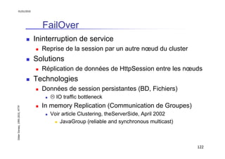 01/01/2010

FailOver
Ininterruption de service
Reprise de la session par un autre nœud du cluster

Solutions
Réplication d...