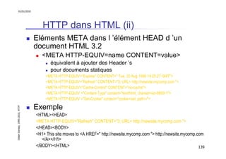 01/01/2010

HTTP dans HTML (ii)
Eléments META dans l ’élément HEAD d ’un
document HTML 3.2
<META HTTP-EQUIV=name CONTENT=v...