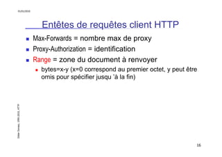 01/01/2010

Entêtes de requêtes client HTTP
Max-Forwards = nombre max de proxy
Proxy-Authorization = identification
Range ...