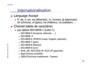 01/01/2010

Internationalisation
Language Accept
fr, de, it, en, sq (albanais), ru, (russe), ja (japonais),
zh (chinois), ...