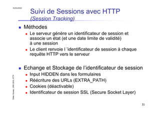 01/01/2010

Suivi de Sessions avec HTTP
(Session Tracking)
Méthodes
Le serveur génère un identificateur de session et
asso...