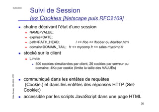 01/01/2010

Suivi de Session
les Cookies [Netscape puis RFC2109]
chaîne décrivant l'état d'une session
NAME=VALUE;
expires...