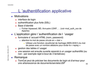 01/01/2010

L ’authentification applicative
Motivations
interface de login
authentification plus forte (SSL)
Base d’identi...