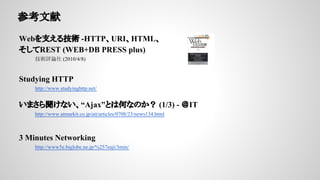 ο
Web֧뼼g -HTTPURIHTML
REST (WEB+DB PRESS plus)
guՓ (2010/4/8)
Studying HTTP
http://www.studyinghttp.net/
ޤʤAjaxȤϺΤʤΤ (1/3) - IT
http://www.atmarkit.co.jp/ait/articles/0708/23/news134.html
3 Minutes Networking
http://www5e.biglobe.ne.jp/%257eaji/3min/
 