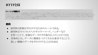 HTTPȤ
Ҫs
 HTTPȤꤹ뤿Υ`Ǥ롣
 HTTPϥꥯȥ᥽åɤ䥨``ɡإå`ʤ
֤ĤȤǡgʥǩ`ΤȡϤΤȤǤ
 Ĥˤϡǩ`˷NĤƤҪ󤹤뤳Ȥǡ
NΥǩ`Ȥꤹ뤳Ȥ
RFC 2616θҪ
ϥѩ`ƥܞͥץȥ(HTTP) ϡɢ?ͬϥѩ`ǥ󥷥ƥΥץꥱ`٥ץȥǤ롣Υץȥϡꥯ
ȥ᥽åɡ``ɡإåȤΒUơͩ`ॵ`Фɢ֥ȹƥȡϥѩ`ƥȤΤʹϤ˶यIΤ
¤Ǥ롢һĤǥƩ`ȥ쥹ʥץȥǤ롣HTTP ؏դȤơǩ`FΥ׸ӥͥ`󤬤ꡢˤäܞͤ
ǩ`ζԤ_褦ʥƥबBǤ롣
 
