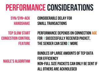 Performance considerations 
Considerable delay for 
small Transactions 
Performance depends on connection age 
For 1 successfully received packet, 
the sender can send 2 more 
Bundles up large amounts of tcp data 
for efficiency 
Non-full size packets can only be sent if 
all others are acknoleged 
SYN/SYN+ACK 
Handshake 
TCP Slow Start 
congestion control 
feature 
Nagle’s Algorithm 
 