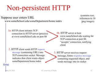 Non-persistent HTTP
Suppose user enters URL
www.someSchool.edu/someDepartment/home.index
1a. HTTP client initiates TCP
connection to HTTP server (process)
at www.someSchool.edu on port 80
2. HTTP client sends HTTP request
message (containing URL) into
TCP connection socket. Message
indicates that client wants object
someDepartment/home.index
1b. HTTP server at host
www.someSchool.edu waiting for
TCP connection at port 80.
“accepts” connection, notifying
client
3. HTTP server receives request
message, forms response message
containing requested object, and
sends message into its socket
time
(contains text,
references to 10
jpeg images)
May 14, 2015 IIT, University of Dhaka 11
 