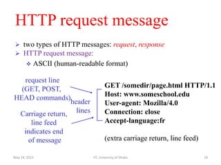 HTTP request message
 two types of HTTP messages: request, response
 HTTP request message:
 ASCII (human-readable format)
GET /somedir/page.html HTTP/1.1
Host: www.someschool.edu
User-agent: Mozilla/4.0
Connection: close
Accept-language:fr
(extra carriage return, line feed)
request line
(GET, POST,
HEAD commands)
header
linesCarriage return,
line feed
indicates end
of message
May 14, 2015 IIT, University of Dhaka 19
 
