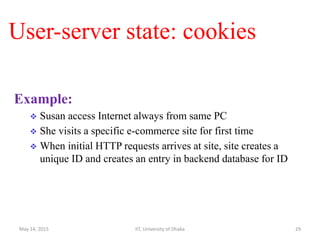 User-server state: cookies
Example:
 Susan access Internet always from same PC
 She visits a specific e-commerce site for first time
 When initial HTTP requests arrives at site, site creates a
unique ID and creates an entry in backend database for ID
May 14, 2015 IIT, University of Dhaka 29
 