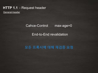 - Request headerHTTP 1.1
General-header
Cahce-Control max-age=0
End-to-End revalidation
모든 프록시에 대해 재검증 요청
 