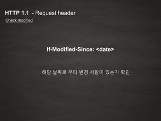 If-Modified-Since: <date>
- Request headerHTTP 1.1
Check modified
해당 날짜로 부터 변경 사항이 있는가 확인
 