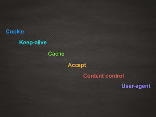 Cookie
Keep-alive
Cache
Accept
Content control
User-agent
 