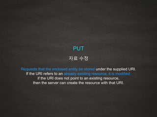 Requests that the enclosed entity be stored under the supplied URI.
If the URI refers to an already existing resource, it is modified;
if the URI does not point to an existing resource,
then the server can create the resource with that URI.
PUT
자료 수정
 
