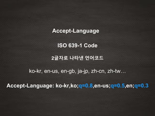 Accept-Language
ISO 639-1 Code
2글자로 나타낸 언어코드
ko-kr, en-us, en-gb, ja-jp, zh-cn, zh-tw…
Accept-Language: ko-kr,ko;q=0.8,en-us;q=0.5,en;q=0.3
 