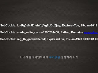 Set-Cookie: lu=Rg3vHJZnehYLjVg7qi3bZjzg; Expires=Tue, 15-Jan-2013 2
Set-Cookie: made_write_conn=1295214458; Path=/; Domain=.example.co
Set-Cookie: reg_fb_gate=deleted; Expires=Thu, 01-Jan-1970 00:00:01 GM
서버가 클라이언트에게 쿠키값을 설정하라 지시
 