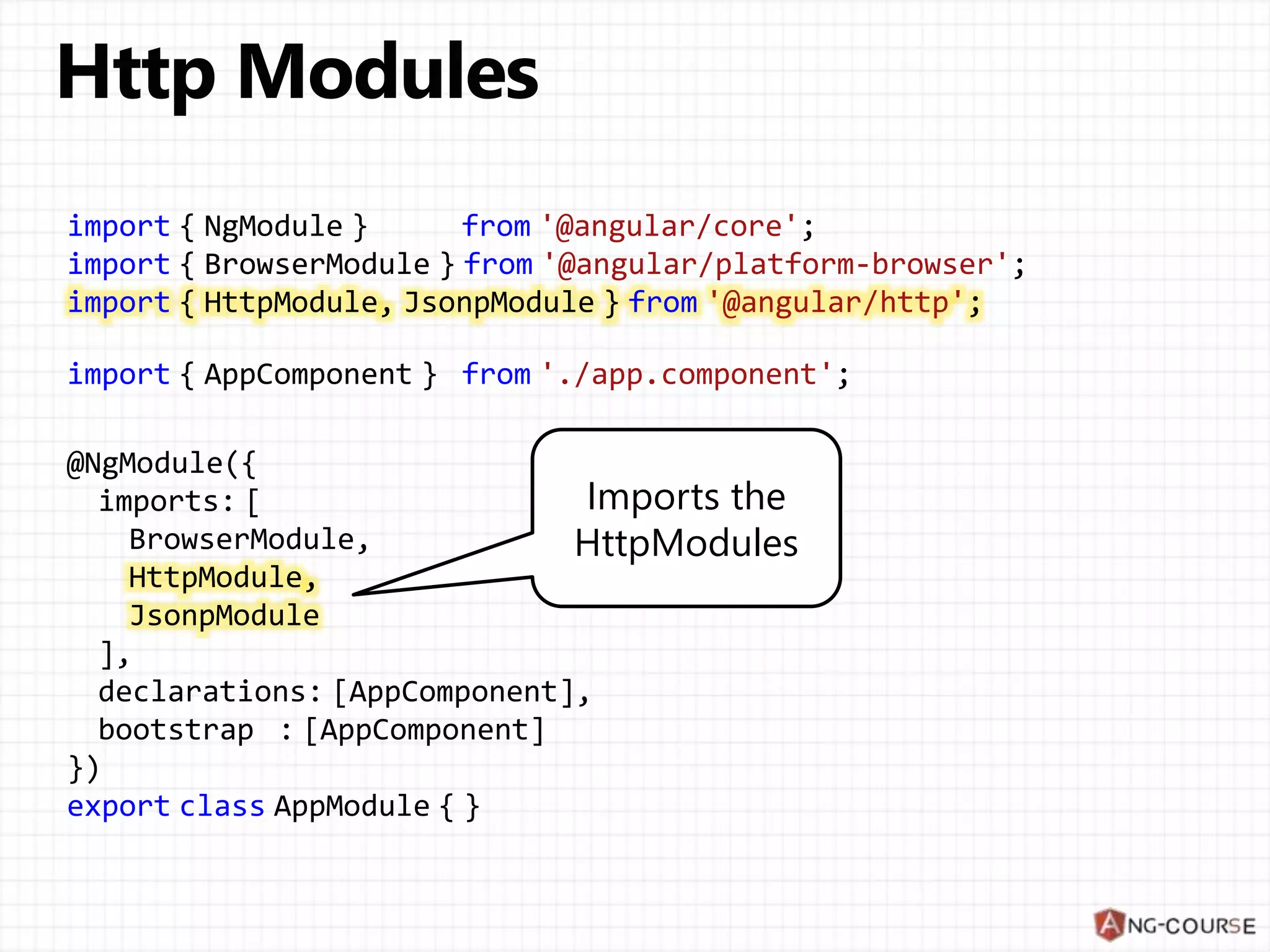 import { NgModule } from '@angular/core';
import { BrowserModule } from '@angular/platform-browser';
import { HttpModule, JsonpModule } from '@angular/http';
import { AppComponent } from './app.component';
@NgModule({
imports: [
BrowserModule,
HttpModule,
JsonpModule
],
declarations: [AppComponent],
bootstrap : [AppComponent]
})
export class AppModule { }
Imports the
HttpModules
 