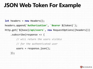 let headers = new Headers();
headers.append('Authorization', `Bearer ${token}`);
http.get(`${base}/api/users`, new RequestOptions({headers}))
.subscribe(response => {
// will return the users visible
// for the authenticated user
users = response.json();
});
 