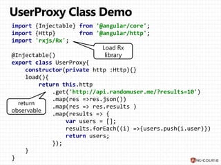 import {Injectable} from '@angular/core';
import {Http} from '@angular/http';
import 'rxjs/Rx';
@Injectable()
export class UserProxy{
constructor(private http :Http){}
load(){
return this.http
.get('http://api.randomuser.me/?results=10')
.map(res =>res.json())
.map(res => res.results )
.map(results => {
var users = [];
results.forEach((i) =>{users.push(i.user)})
return users;
});
}
}
return
observable
Load Rx
library
 