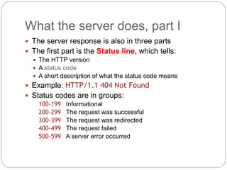 What the server does, part I
17
 The server response is also in three parts
 The first part is the Status line, which tells:
 The HTTP version
 A status code
 A short description of what the status code means
 Example: HTTP/1.1 404 Not Found
 Status codes are in groups:
100-199 Informational
200-299 The request was successful
300-399 The request was redirected
400-499 The request failed
500-599 A server error occurred
 