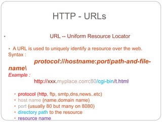 HTTP - URLs
• URL -- Uniform Resource Locator
• A URL is used to uniquely identify a resource over the web.
Syntax :
protocol://hostname:port/path-and-file-
name
Example :
http://xxx.myplace.com:80/cgi-bin/t.html
 protocol (http, ftp, smtp,dns,news..etc)
 host name (name.domain name)
 port (usually 80 but many on 8080)
 directory path to the resource
 resource name
 