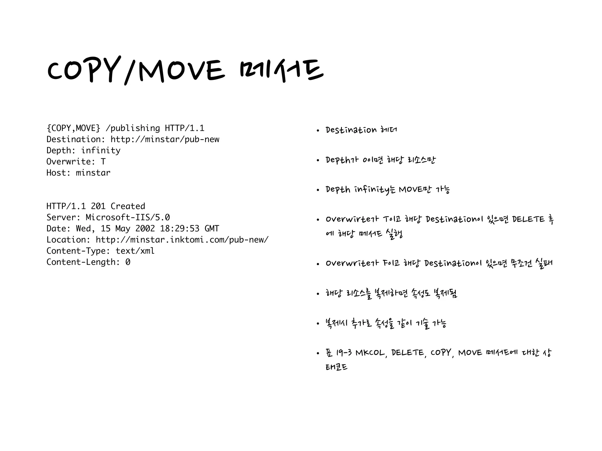 COPY/MOVE 메서드
{COPY,MOVE} /publishing HTTP/1.1
Destination: http://minstar/pub-new
Depth: infinity
Overwrite: T
Host: minstar
HTTP/1.1 201 Created
Server: Microsoft-IIS/5.0
Date: Wed, 15 May 2002 18:29:53 GMT
Location: http://minstar.inktomi.com/pub-new/
Content-Type: text/xml
Content-Length: 0
• Destination 헤더
• Depth가 0이면 해당 리소스만
• Depth infinity는 MOVE만 가능
• Overwirte가 T이고 해당 Destination이 있으면 DELETE 후
에 해당 메서드 실행
• Overwrite가 F이고 해당 Destination이 있으면 무조건 실패
• 해당 리소스를 복제하면 속성도 복제됨
• 복제시 추가로 속성을 같이 기술 가능
• 표 19-3 MKCOL, DELETE, COPY, MOVE 메서드에 대한 상
태코드
 