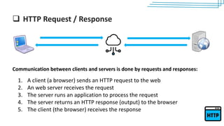 Define http? HTTP Request / Response
1. A client (a browser) sends an HTTP request to the web
2. An web server receives the request
3. The server runs an application to process the request
4. The server returns an HTTP response (output) to the browser
5. The client (the browser) receives the response
Communication between clients and servers is done by requests and responses:
 