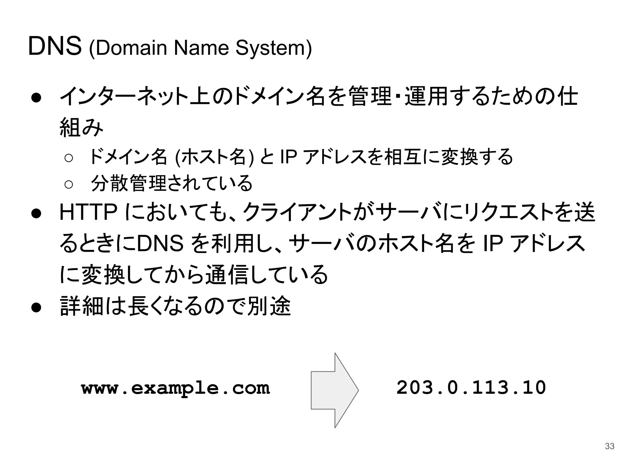 DNS (Domain Name System)
● インターネット上のドメイン名を管理・運用するための仕
組み
○ ドメイン名 (ホスト名) と IP アドレスを相互に変換する
○ 分散管理されている
● HTTP においても、クライアントがサーバにリクエストを送
るときにDNS を利用し、サーバのホスト名を IP アドレス
に変換してから通信している
● 詳細は長くなるので別途
33
www.example.com 203.0.113.10
 