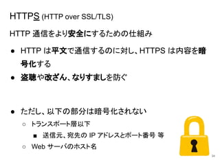 HTTPS (HTTP over SSL/TLS)
HTTP 通信をより安全にするための仕組み
● HTTP は平文で通信するのに対し、HTTPS は内容を暗
号化する
● 盗聴や改ざん、なりすましを防ぐ
● ただし、以下の部分は暗号化されない
○ トランスポート層以下
■ 送信元、宛先の IP アドレスとポート番号 等
○ Web サーバのホスト名
34
 