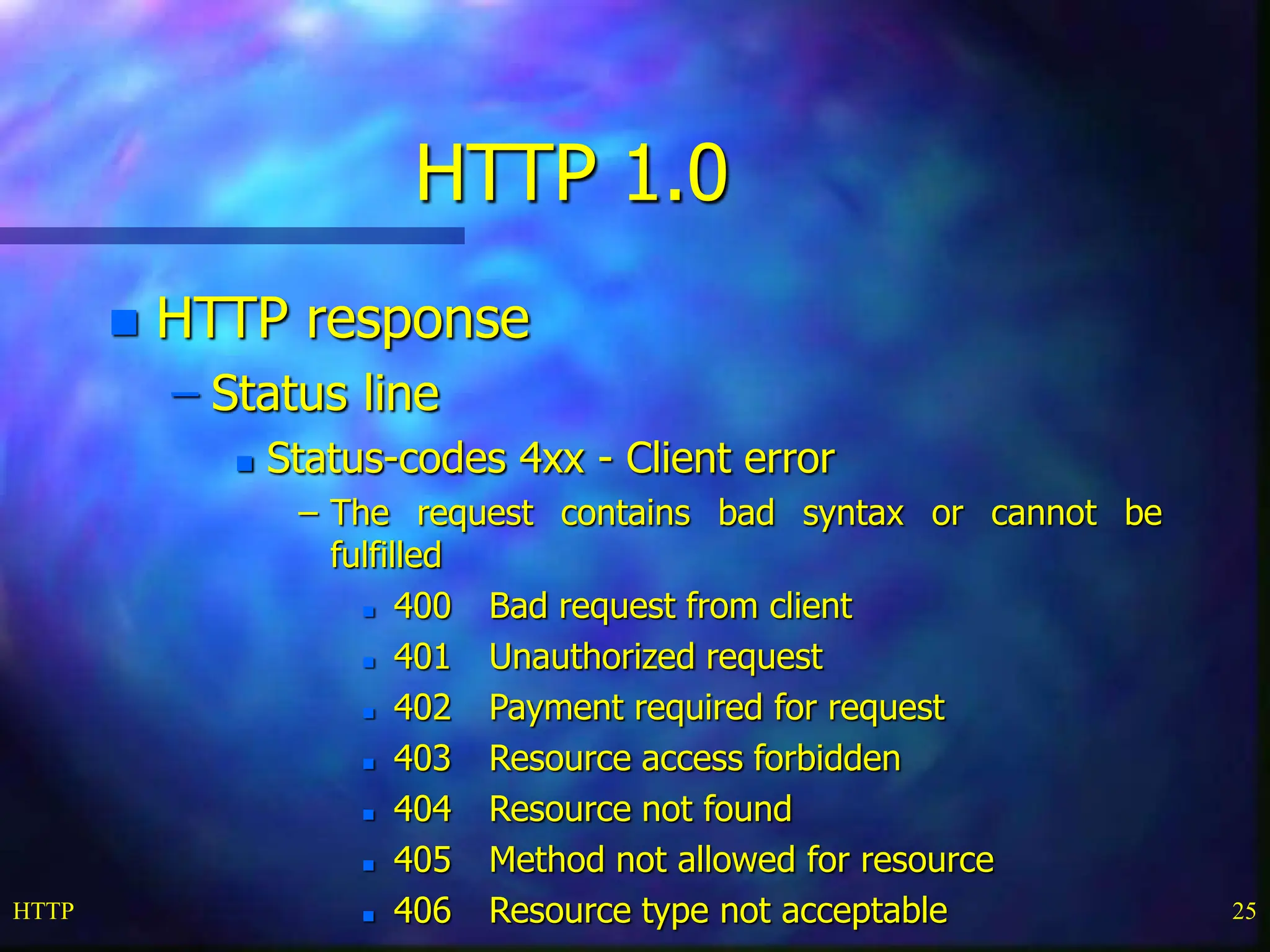 HTTP 25 HTTP 1.0  HTTP response – Status line  Status-codes 4xx - Client error – The request contains bad syntax or cannot be fulfilled  400 Bad request from client  401 Unauthorized request  402 Payment required for request  403 Resource access forbidden  404 Resource not found  405 Method not allowed for resource  406 Resource type not acceptable 