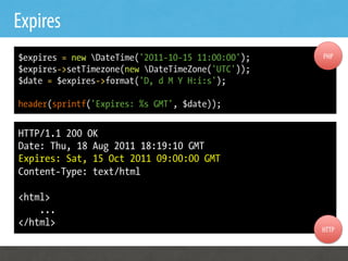 Expires
$expires = new DateTime('2011-10-15 11:00:00');   PHP
$expires->setTimezone(new DateTimeZone('UTC'));
$date = $expires->format('D, d M Y H:i:s');

header(sprintf('Expires: %s GMT', $date));


HTTP/1.1 200 OK
Date: Thu, 18 Aug 2011 18:19:10 GMT
Expires: Sat, 15 Oct 2011 09:00:00 GMT
Content-Type: text/html

<html>
    ...
</html>
                                                   HTTP
 