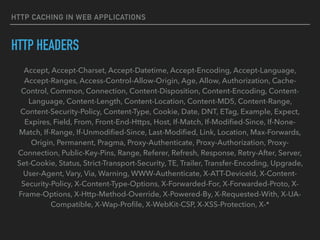 HTTP CACHING IN WEB APPLICATIONS
HTTP HEADERS
Accept, Accept-Charset, Accept-Datetime, Accept-Encoding, Accept-Language,
Accept-Ranges, Access-Control-Allow-Origin, Age, Allow, Authorization, Cache-
Control, Common, Connection, Content-Disposition, Content-Encoding, Content-
Language, Content-Length, Content-Location, Content-MD5, Content-Range,
Content-Security-Policy, Content-Type, Cookie, Date, DNT, ETag, Example, Expect,
Expires, Field, From, Front-End-Https, Host, If-Match, If-Modiﬁed-Since, If-None-
Match, If-Range, If-Unmodiﬁed-Since, Last-Modiﬁed, Link, Location, Max-Forwards,
Origin, Permanent, Pragma, Proxy-Authenticate, Proxy-Authorization, Proxy-
Connection, Public-Key-Pins, Range, Referer, Refresh, Response, Retry-After, Server,
Set-Cookie, Status, Strict-Transport-Security, TE, Trailer, Transfer-Encoding, Upgrade,
User-Agent, Vary, Via, Warning, WWW-Authenticate, X-ATT-DeviceId, X-Content-
Security-Policy, X-Content-Type-Options, X-Forwarded-For, X-Forwarded-Proto, X-
Frame-Options, X-Http-Method-Override, X-Powered-By, X-Requested-With, X-UA-
Compatible, X-Wap-Proﬁle, X-WebKit-CSP, X-XSS-Protection, X-*
 