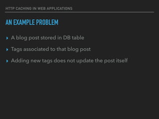 HTTP CACHING IN WEB APPLICATIONS
AN EXAMPLE PROBLEM
▸ A blog post stored in DB table
▸ Tags associated to that blog post
▸ Adding new tags does not update the post itself
 