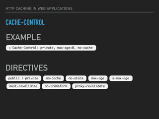 HTTP CACHING IN WEB APPLICATIONS
CACHE-CONTROL
< Cache-Control: private, max-age=0, no-cache
public | private no-cache no-store max-age s-max-age
must-revalidate no-transform proxy-revalidate
DIRECTIVES
EXAMPLE
 