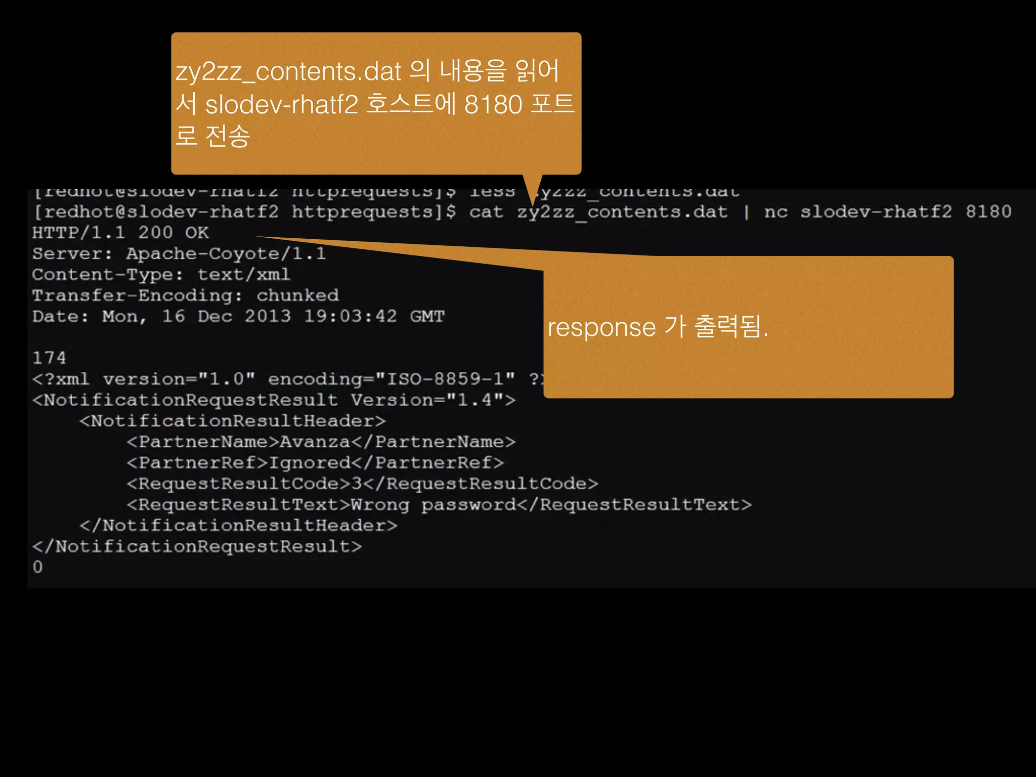 zy2zz_contents.dat 의 내용을 읽어
서 slodev-rhatf2 호스트에 8180 포트
로 전송
response 가 출력됨.
 