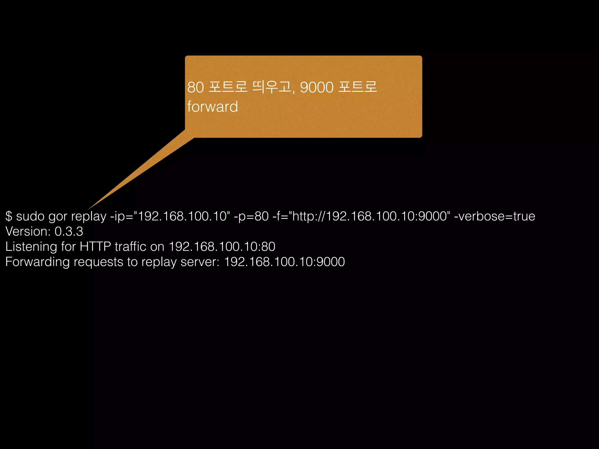 $ sudo gor replay -ip="192.168.100.10" -p=80 -f="http://192.168.100.10:9000" -verbose=true
Version: 0.3.3
Listening for HTTP trafﬁc on 192.168.100.10:80
Forwarding requests to replay server: 192.168.100.10:9000
80 포트로 띄우고, 9000 포트로
forward
 